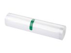 A roll of clear plastic food wrap with a green band.
