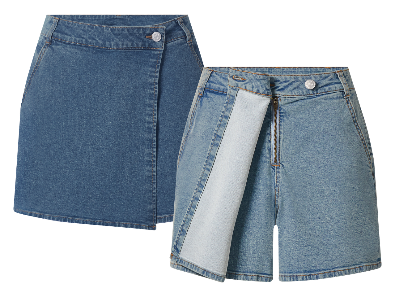 Dva modela traper suknje-hlača: tamnoplava zatvorena i svijetloplava otvorena.