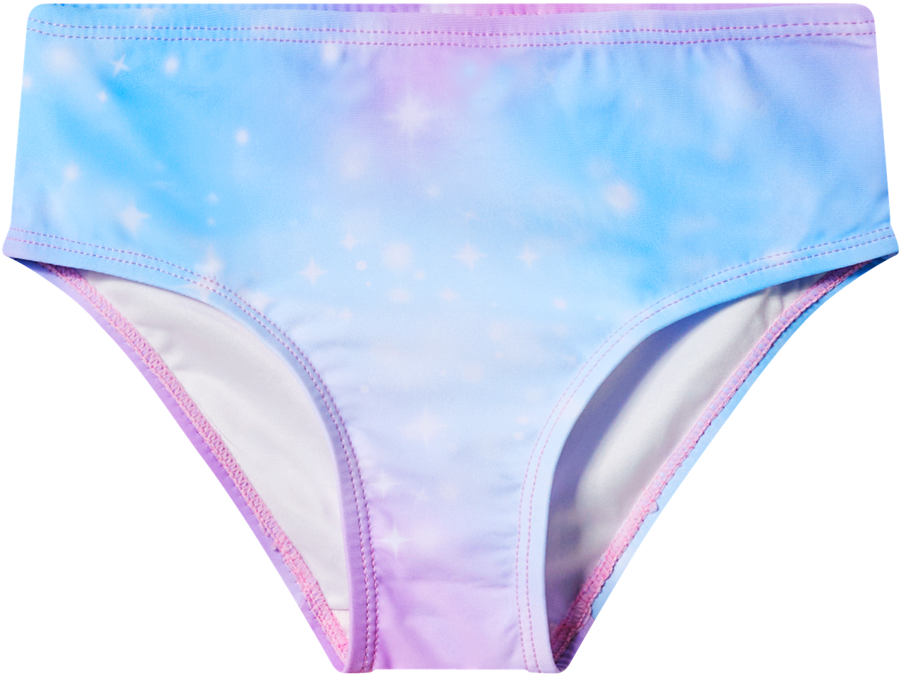 Cuecas de biquíni de menina com estampado de céu estrelado azul e roxo.