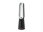 Sleek black and silver bladeless tower fan with a digital display on a white background