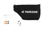 Parkside tartozékok: táska, imbuszkulcsok, szénkefék és elemek.