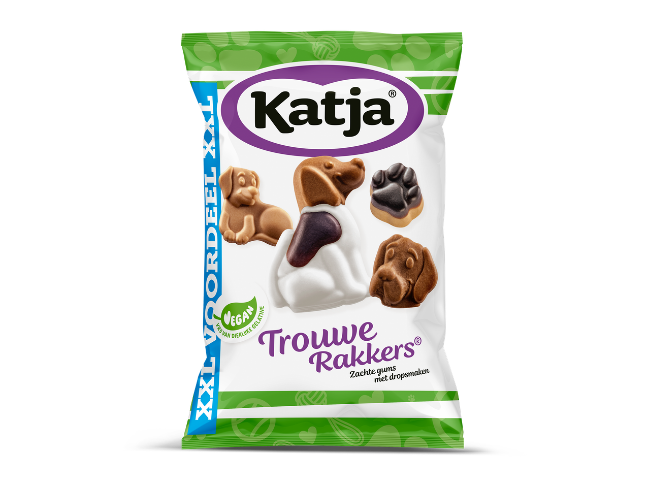 Verpakking met zachte dropgums in de vorm van honden en hondenpootjes.