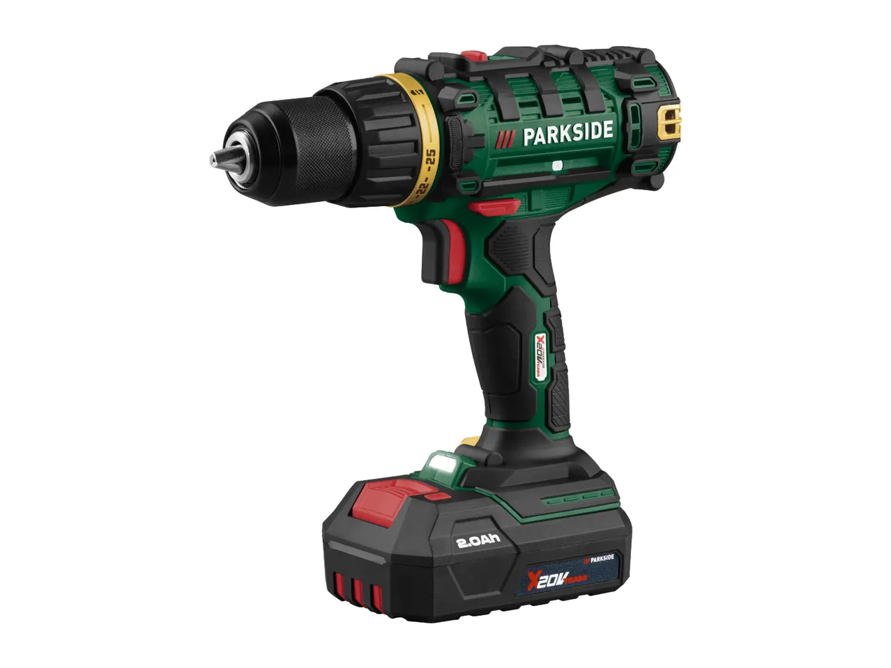 Cordless drill with a 2.0Ah battery, featuring green, black, and red accents.