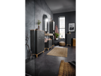 LIVARNO home Corfu bathroom cabinets in a dark, modern bathroom with a jute rug.