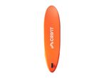 Orange stand-up paddleboard with a white logo and a black fin on a white background.