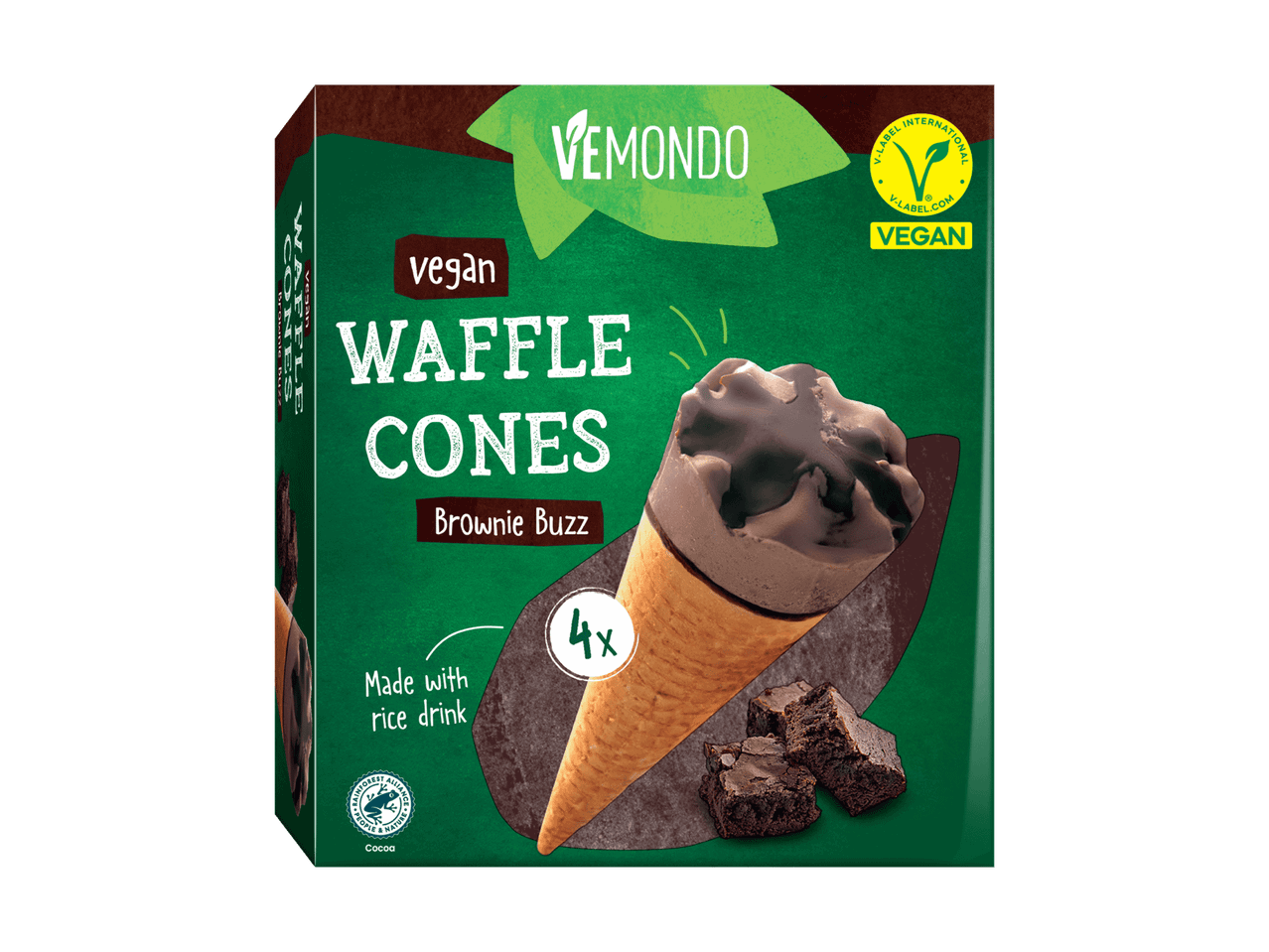 Vegane Waffelhörnchen mit Schokoladeneis und Brownie-Stücken, 4 Stück pro Packung.
