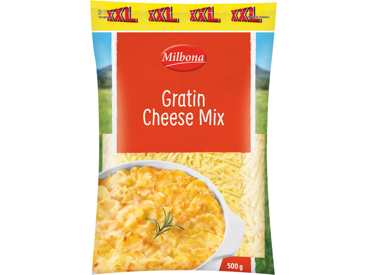 Milbona Gratin Cheese Mix, 500g, mistura de queijos para gratinar.