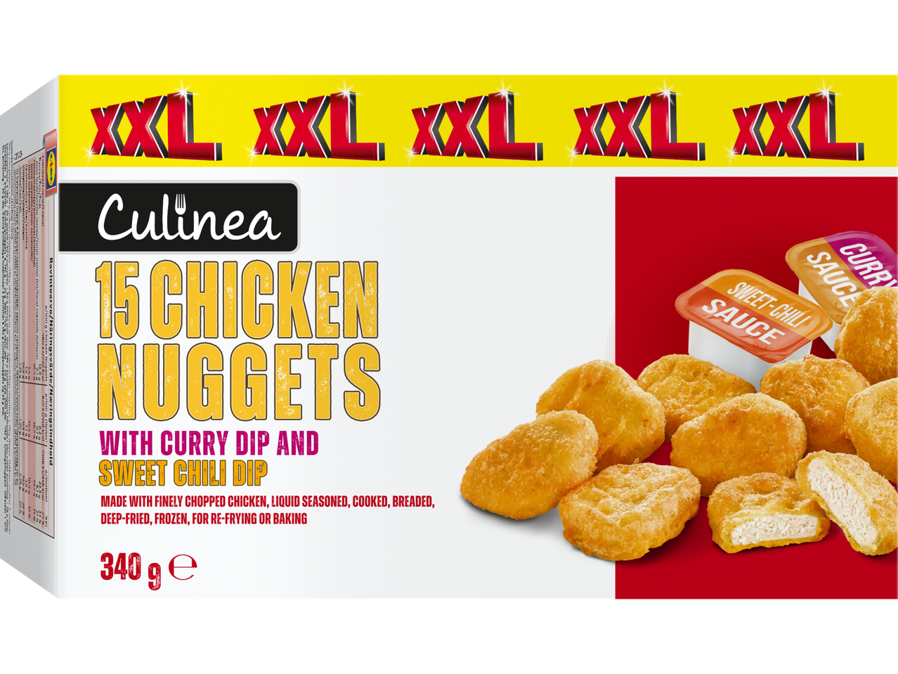 Culinea XXL kycklingnuggets (340g) med curry- och sweet chili-dipsås.