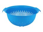 A blue plastic colander with handles.