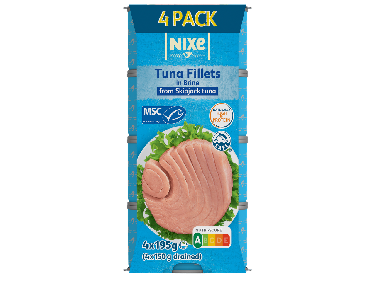 Опаковка от 4 броя филета от риба тон в саламура, от риба тон скипджак, с високо съдържание на протеини.