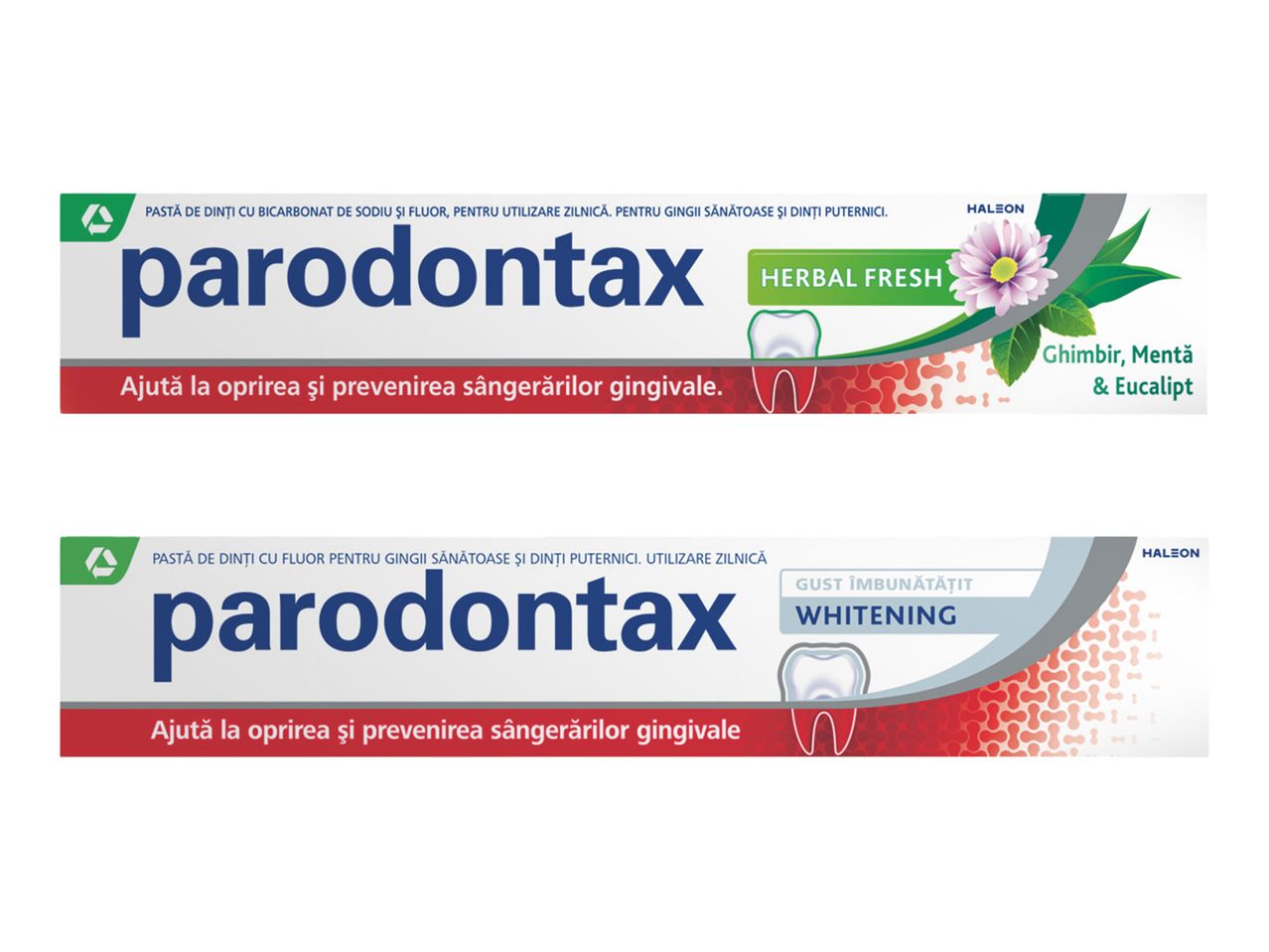 Două tuburi de pastă de dinți Parodontax, una Herbal Fresh și una Whitening.