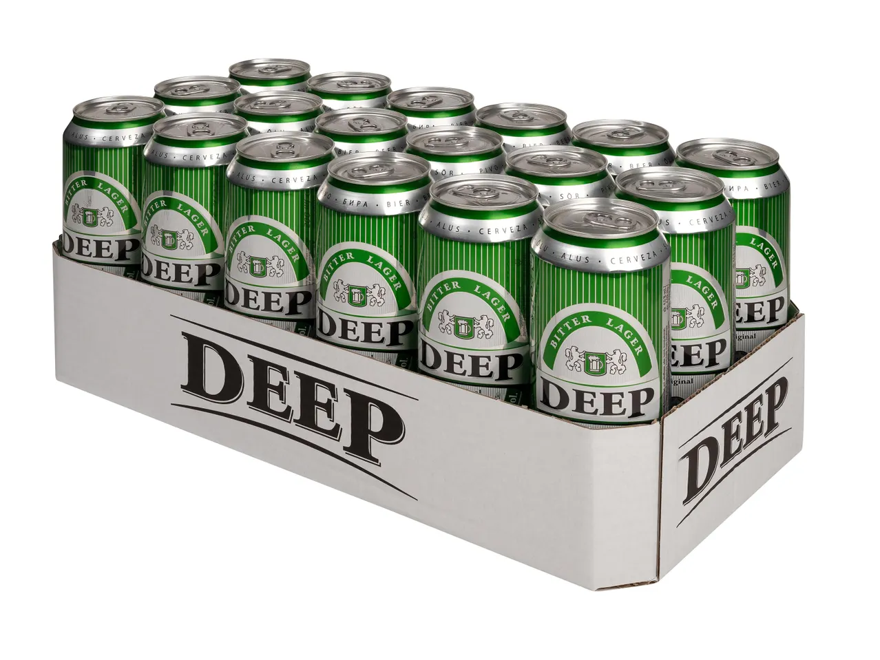 Zöld és ezüst sörösdobozok „DEEP” felirattal egy kartondobozban.