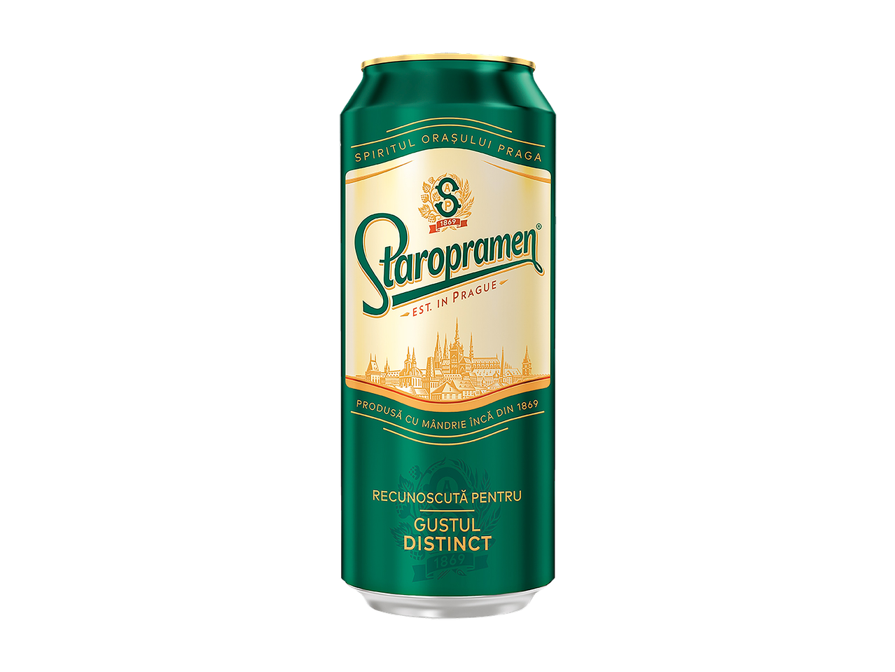 Bere blondă Staropramen într-o doză verde cu litere aurii și peisajul urban al Pragăi.