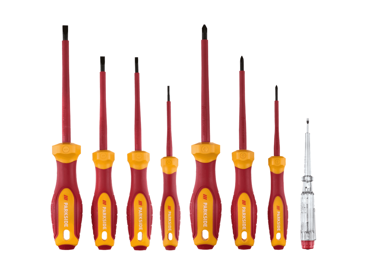 Un ensemble de tournevis isolés rouges et jaunes, comprenant des tournevis plats et cruciformes, et un testeur de tension.