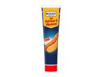 A tube of MCENNEDY 2-in-1 Ketchup & Mustard with a hot dog and a bowl of sauce.