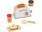 Set di cibo giocattolo in legno con tostapane, toast, uovo fritto, burro e creme spalmabili.