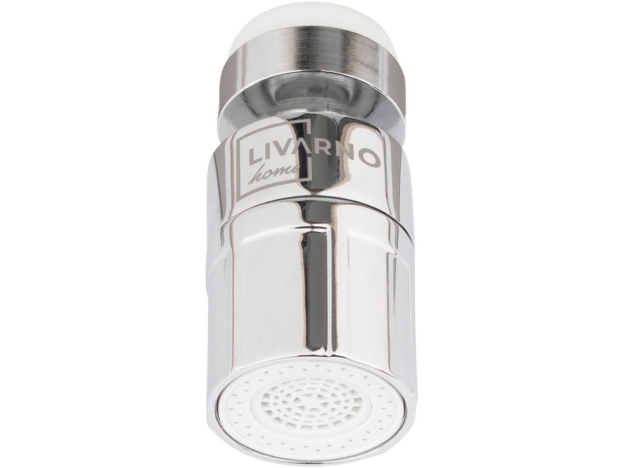 Un aeratore per rubinetto Livarno Home in cromo lucido con diffusore bianco.
