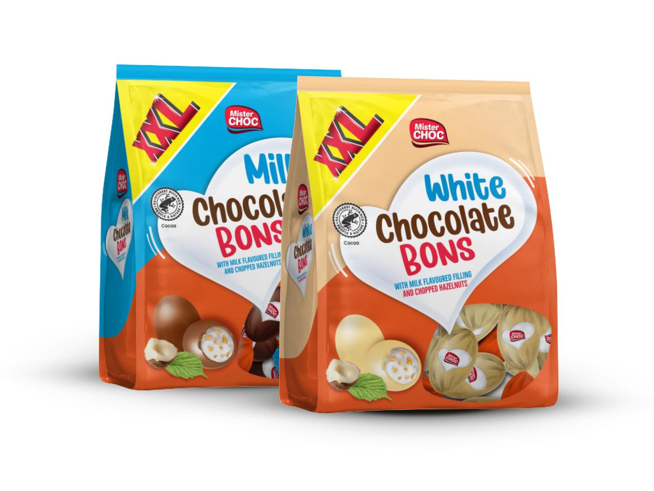 Dvije vrećice Mister Choc XL čokolada Bons, mliječna i bijela čokolada s nadjevom od mlijeka i sjeckanim lješnjacima.