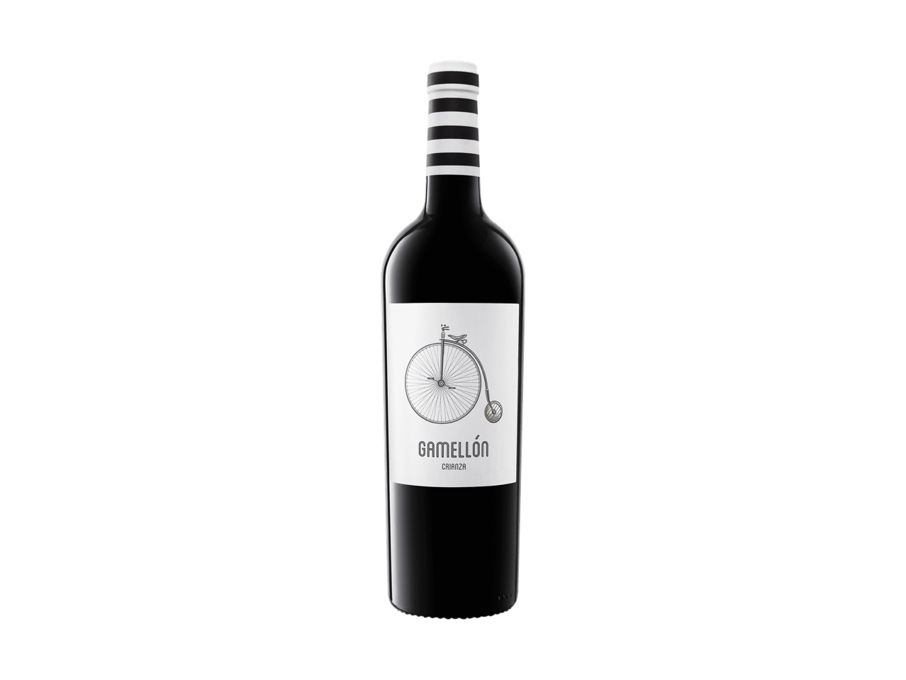 Una bottiglia di vino rosso con un'etichetta bianca raffigurante una bicicletta d'epoca e la scritta 'GAMELLÓN CRIANZA'.