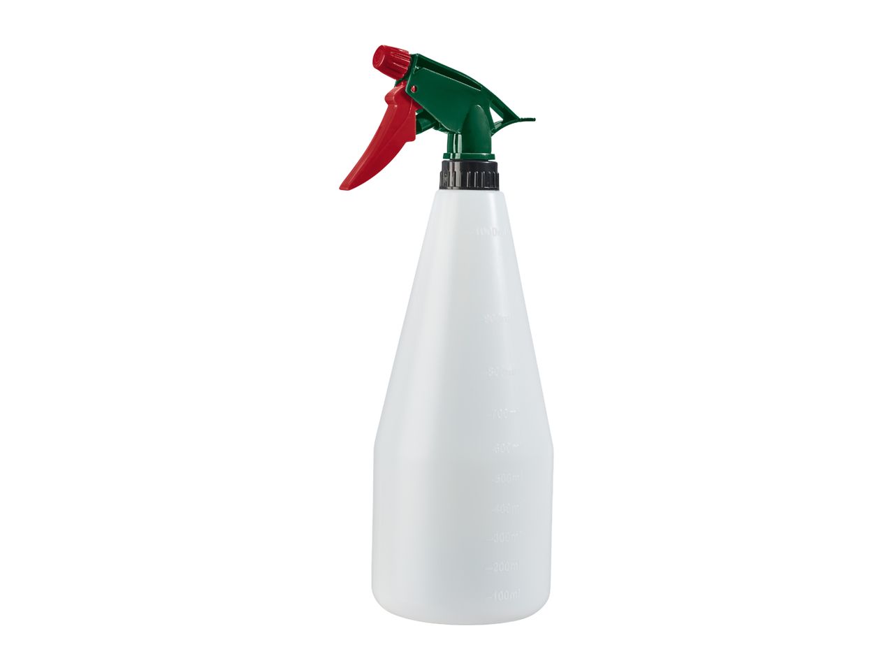 White spray bottle with a red and green trigger, featuring volume measurements.