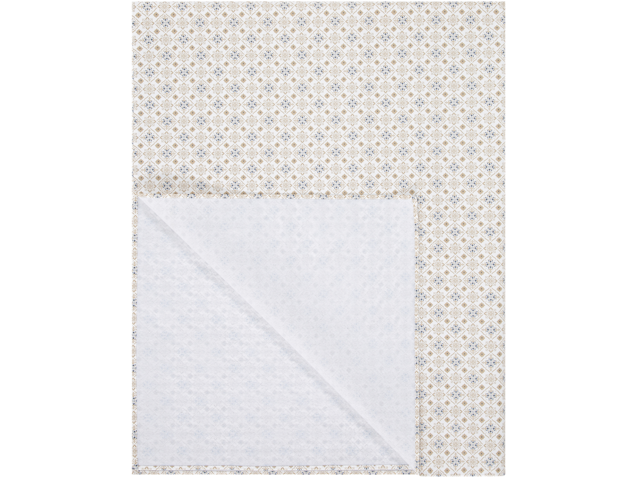 Beige and blue geometric patterned tablecloth, partially folded.