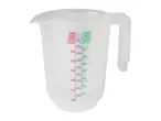 A clear plastic measuring jug with red and green markings for flour and sugar in multiple languages.