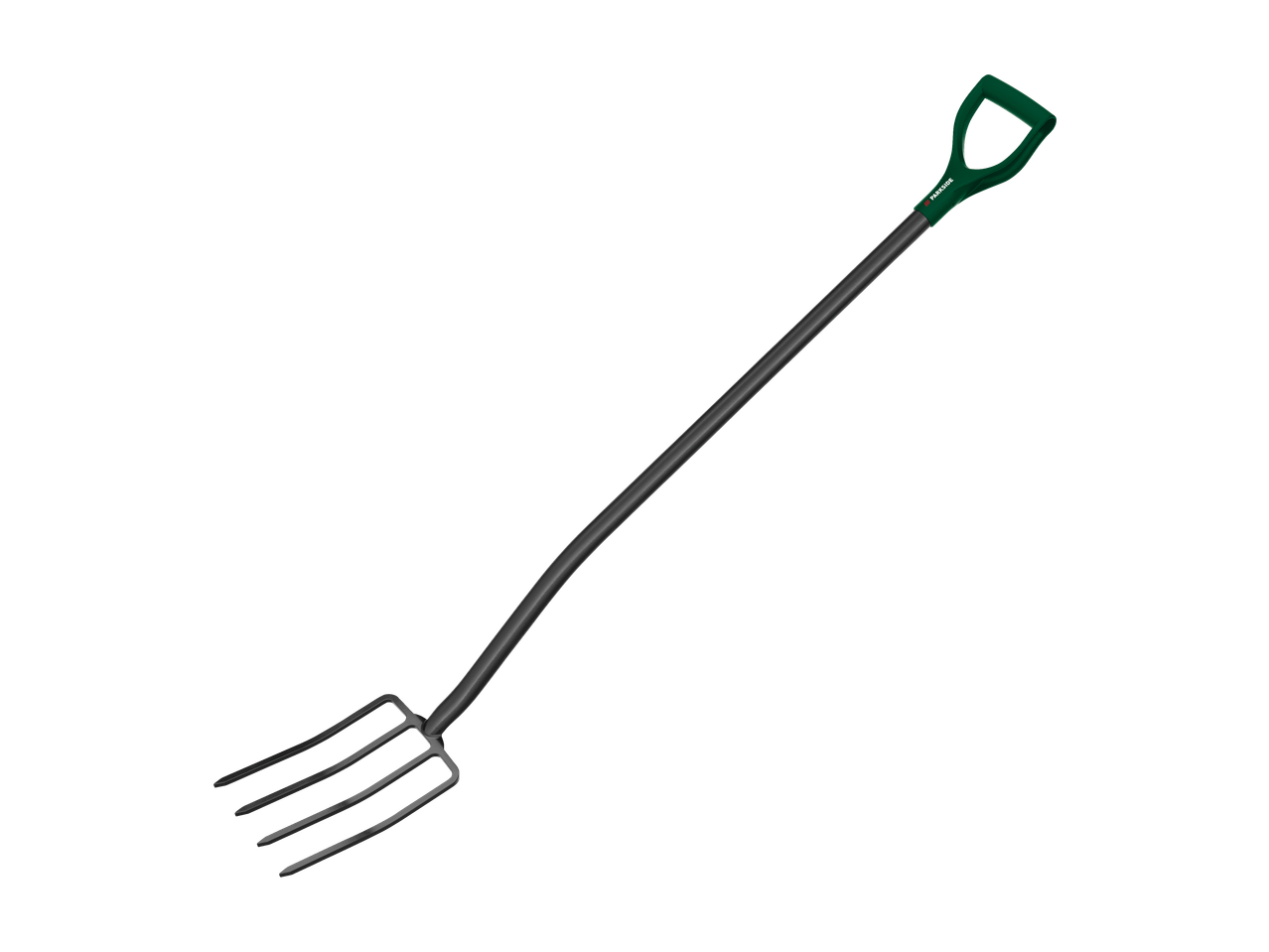 Een zwarte vier-tands tuinvork met een groen D-vormig handvat.