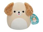 Cream-colored plush dog with brown floppy ears, black eyes, and a pink tongue, with a tag.
