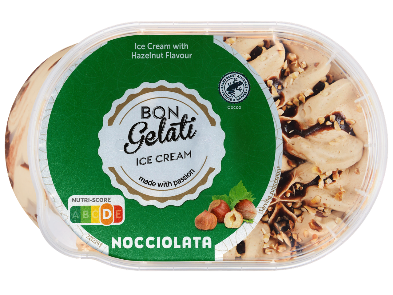 Кутия с лешников сладолед с надпис „Bon Gelati Ice Cream“ и Nutri-Score D.