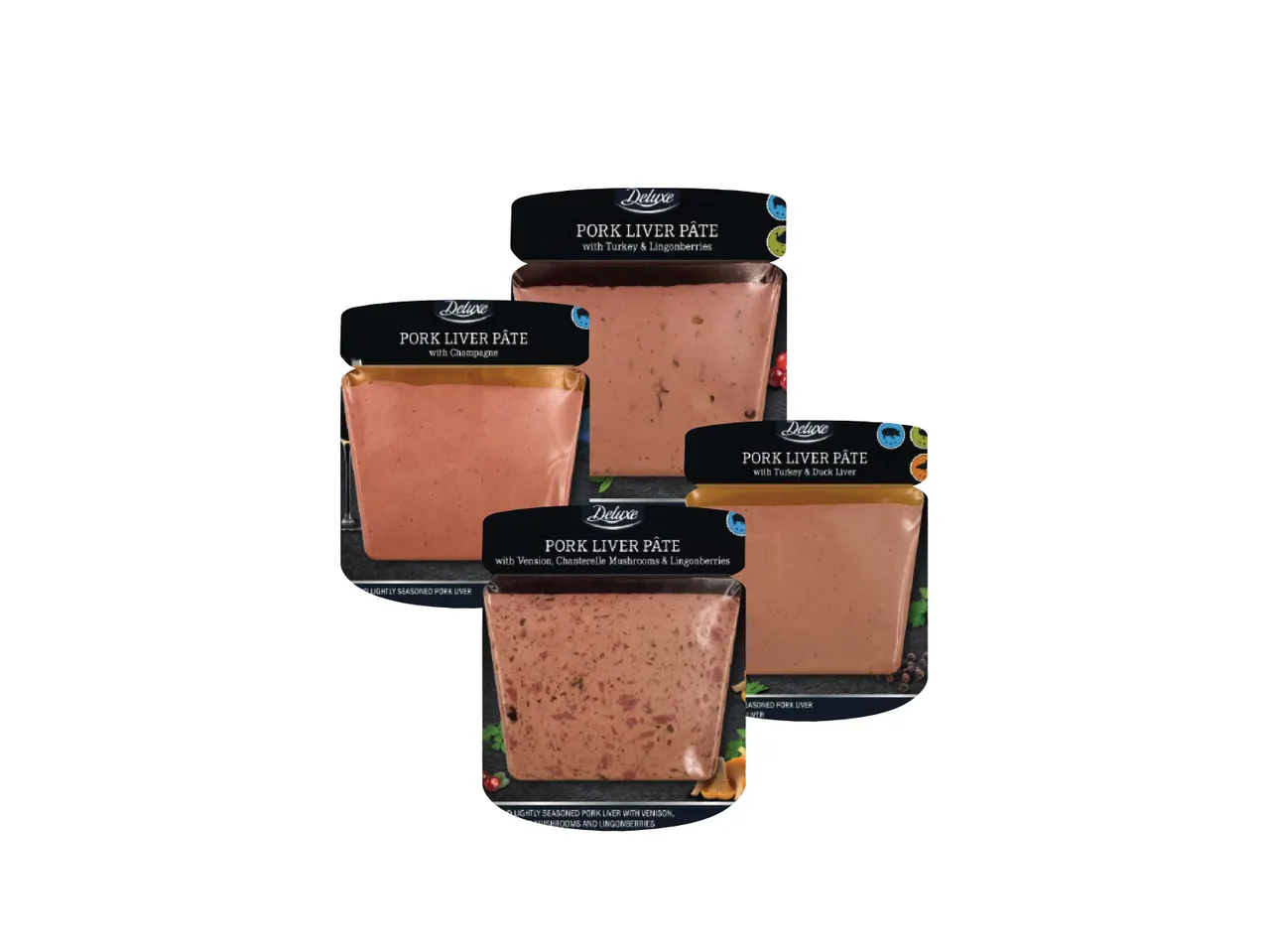 Keturi „Deluxe“ kiaulienos kepenėlių pašteto variantai, įskaitant su šampanu, kalakutiena ir spanguolėmis.