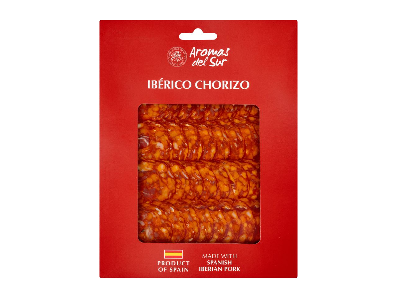 Red packaging for sliced Iberian chorizo, with text indicating it's a product of Spain made with Spanish Iberian pork.