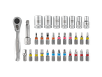 A Parkside ratchet and socket bits set with various sizes and types of bits.