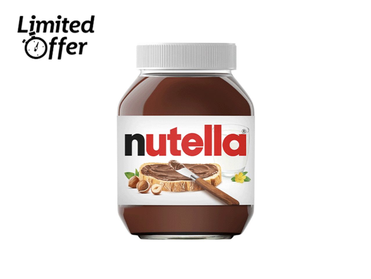 A jar of Nutella chocolate hazelnut spread with a 'Limited Offer' label.