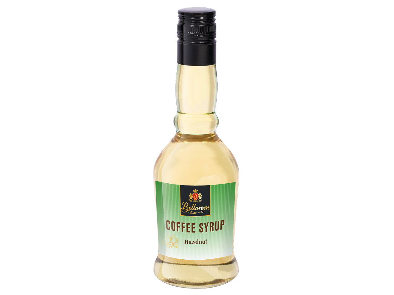 Sticlă de sirop de cafea Bellarom cu aromă de alune de pădure.