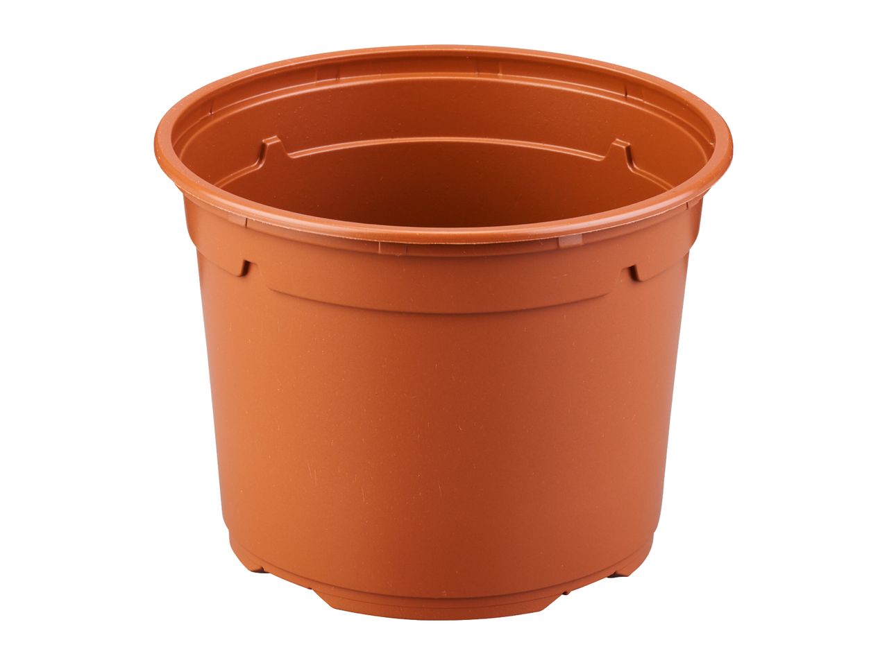 Brown plastic plant pot with a ribbed design, isolated on a white background.
