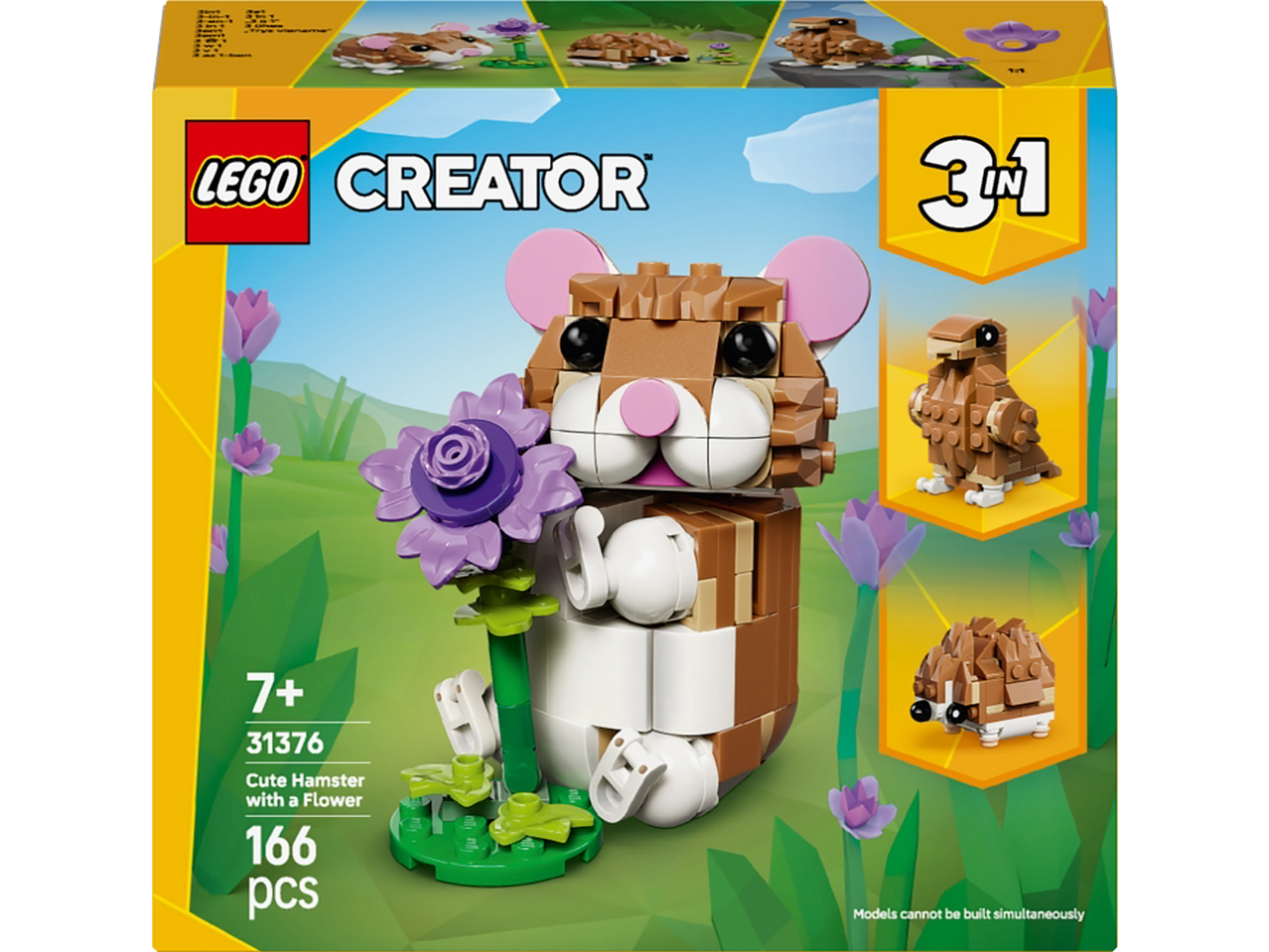 3-ühes ehituskomplekt: armas hamster lillega, lind ja siil, 166 osa.