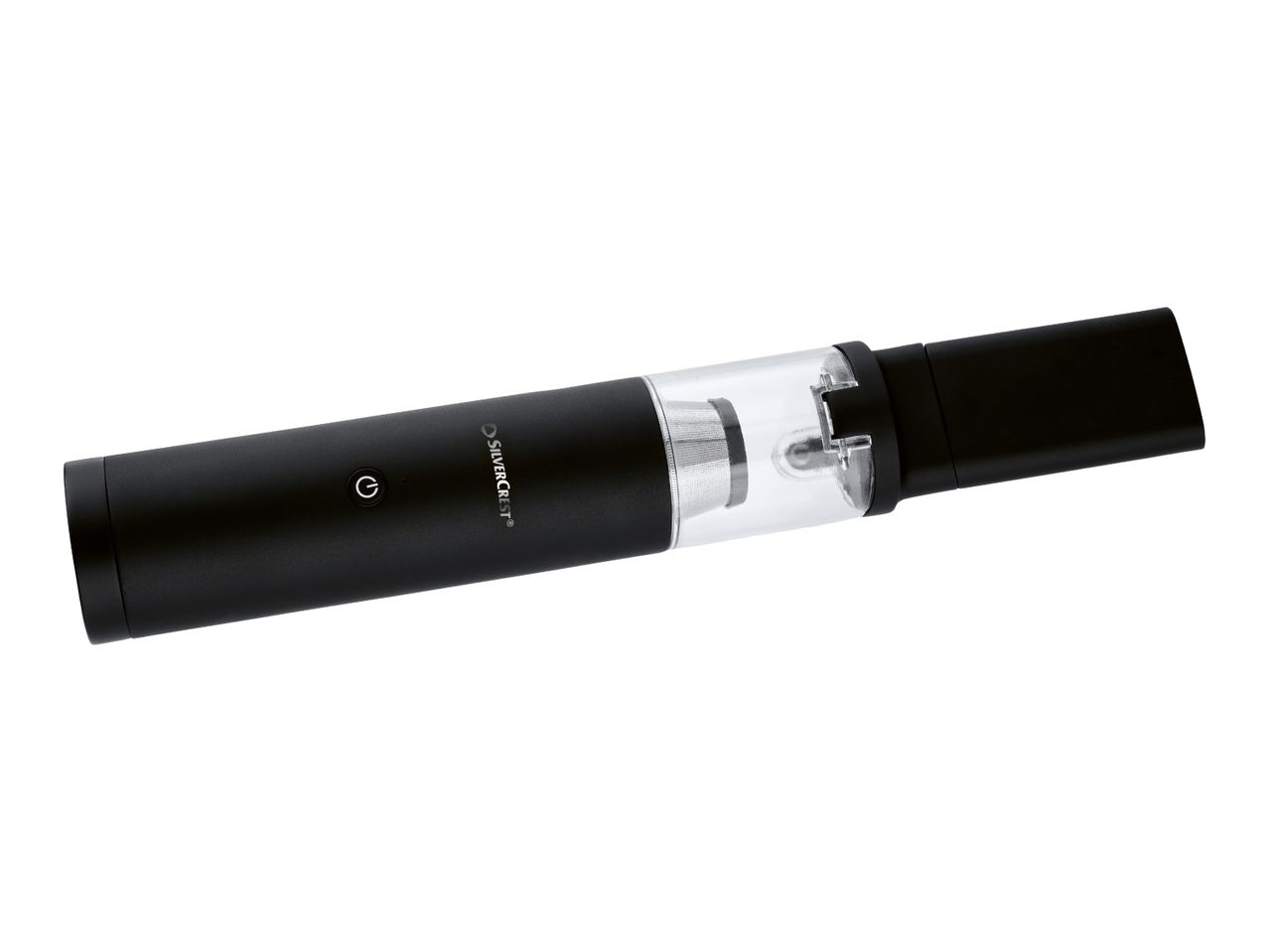 Black electric wine opener with a transparent section and a power button