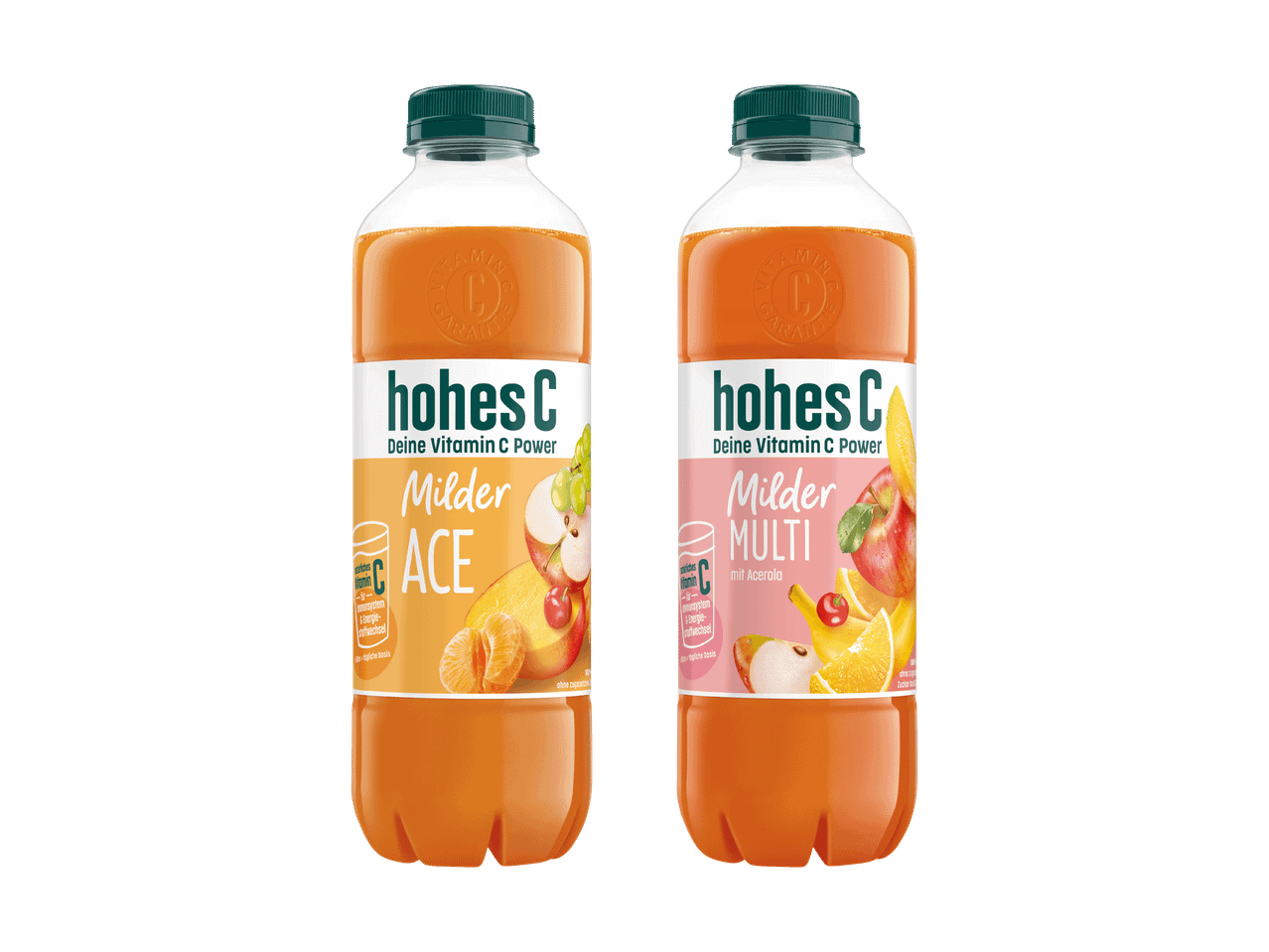 Zwei Flaschen Multivitaminsaft mit Vitamin C Power, eine mit ACE-Geschmack und die andere mit Acerola.