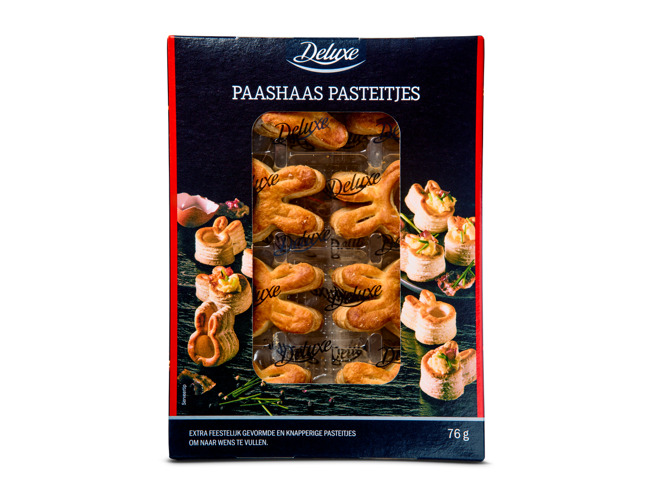 Deluxe Paashaas pasteitjes, 76g, met serveertips.