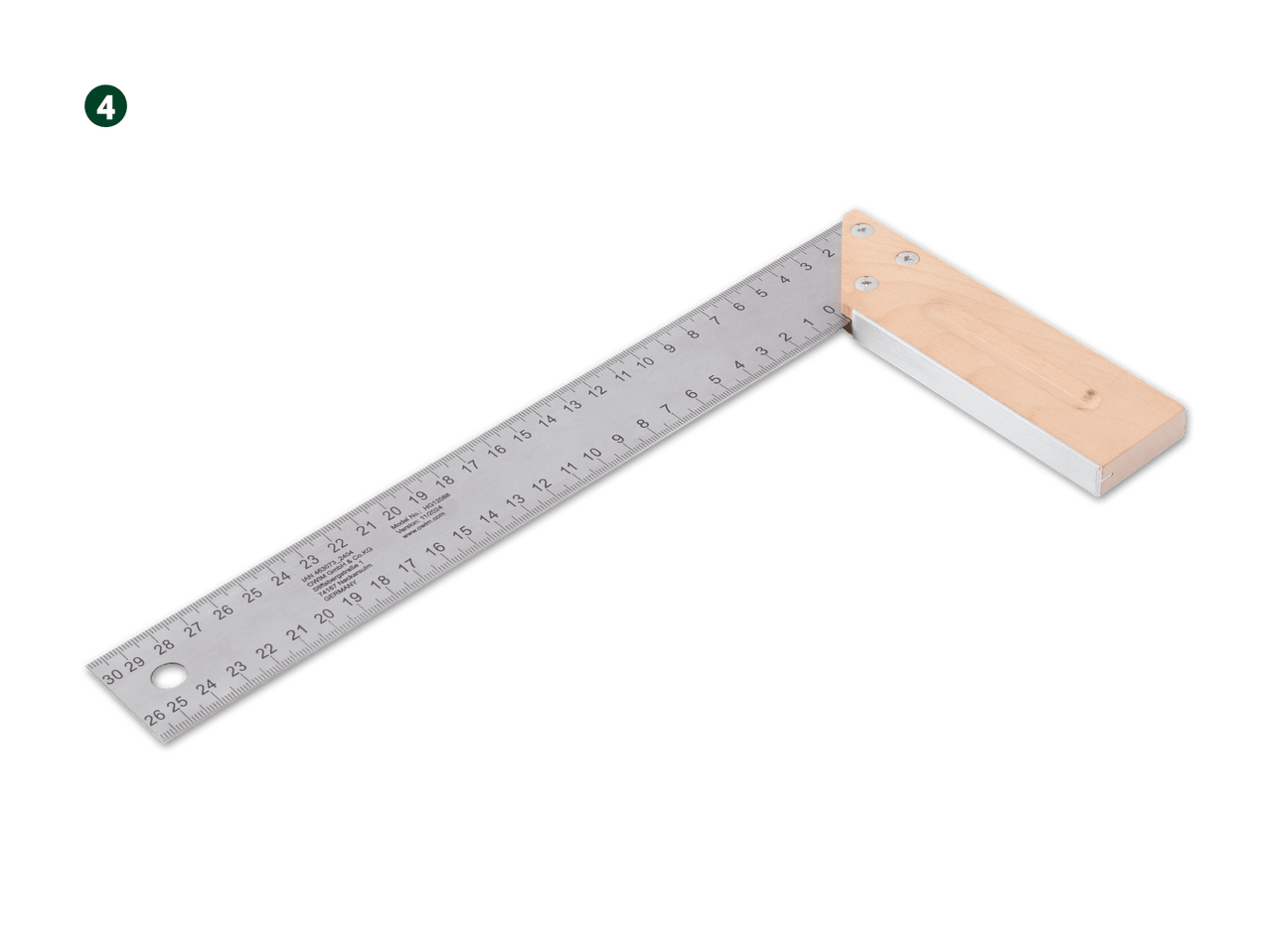 Ein Stahlwinkel mit Holzgriff für präzise Winkelmessungen.