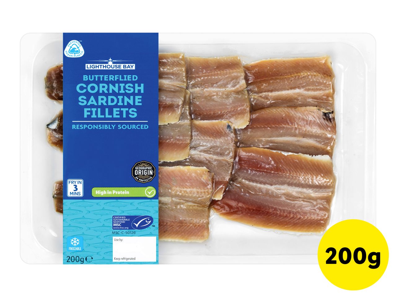 Pack of butterflied Cornish sardine fillets, responsibly sourced, high in protein, 200g.