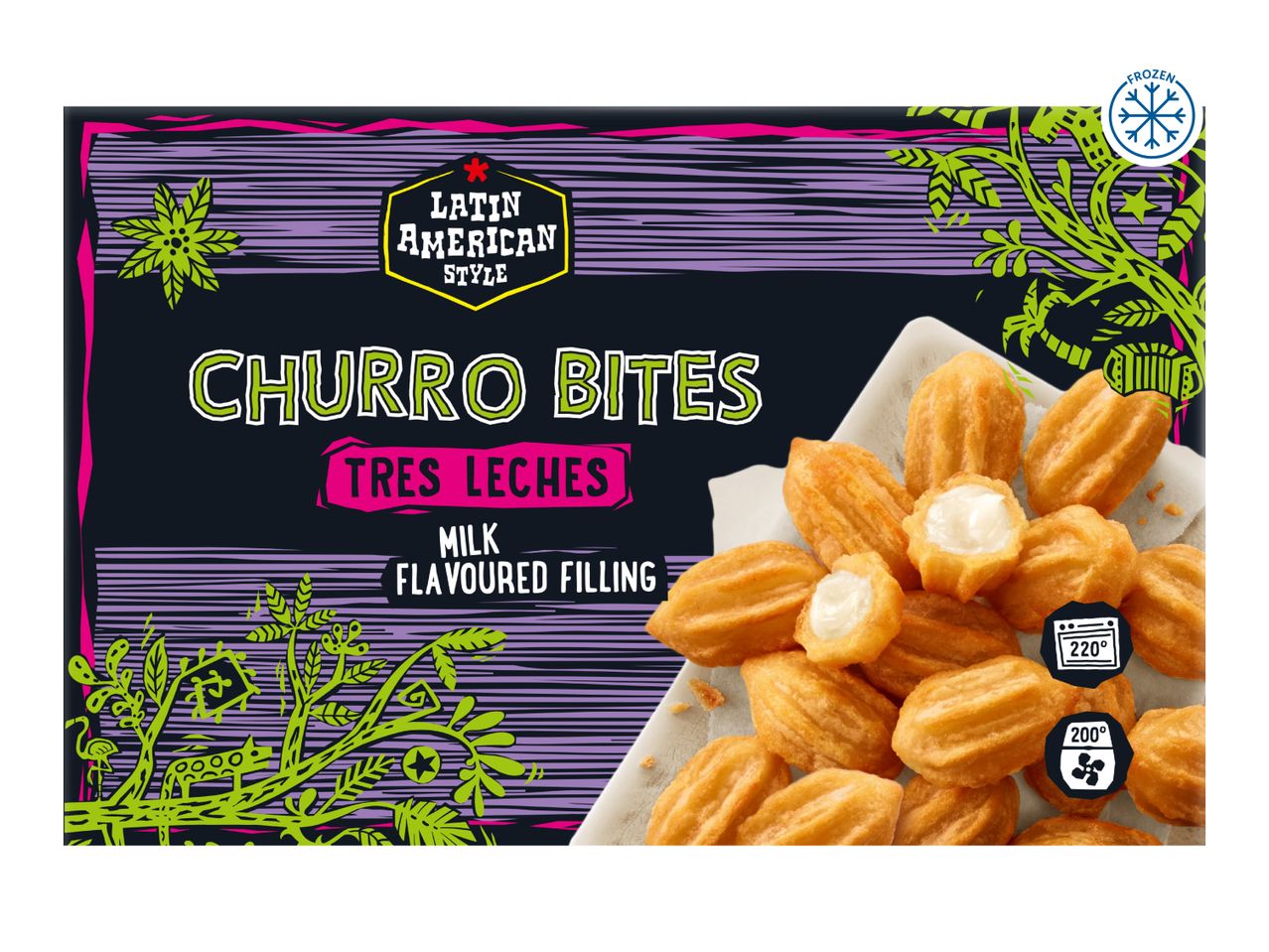 Latin American style churro bites with tres leches milk flavoured filling, frozen.