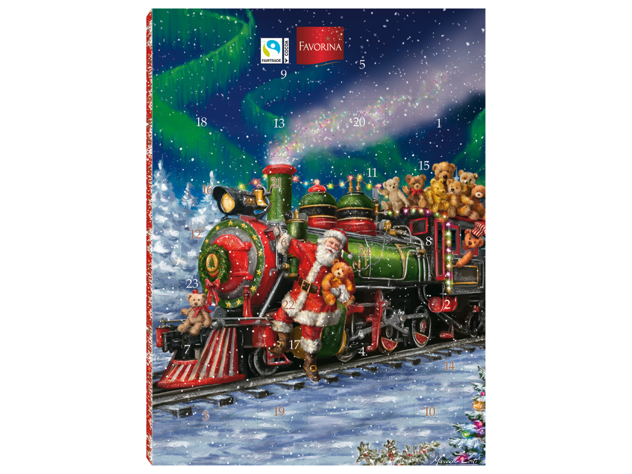 Favorina Advento kalendorius su Kalėdų traukiniu, Kalėdų Seneliu ir pliušiniais meškiukais