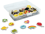 Ímãs emoji em uma caixa de armazenamento: um conjunto divertido e colorido.