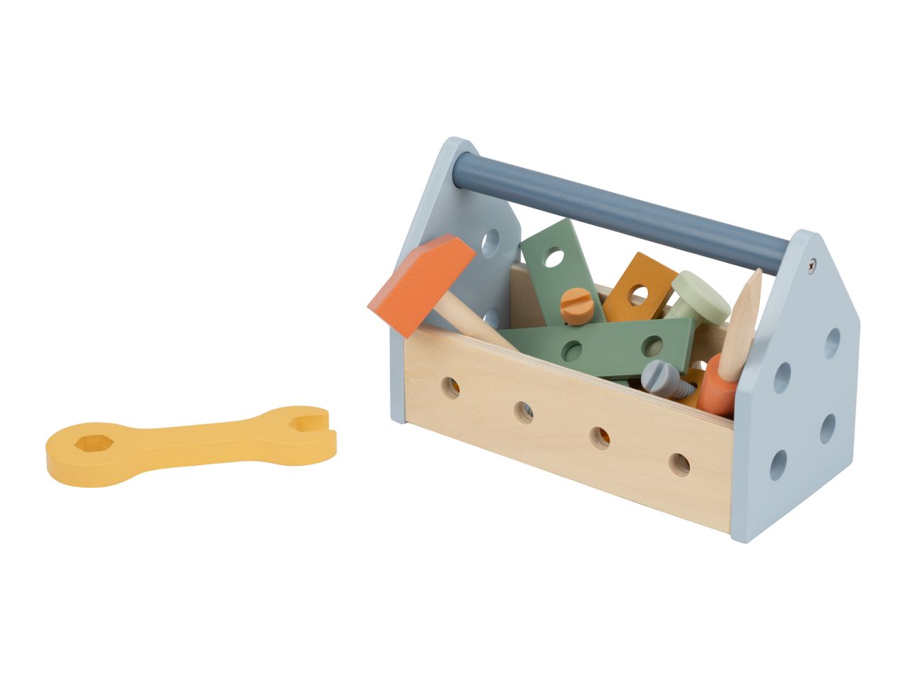 Wooden toy toolbox with a hammer, wrench, screws, and building blocks in pastel colors.