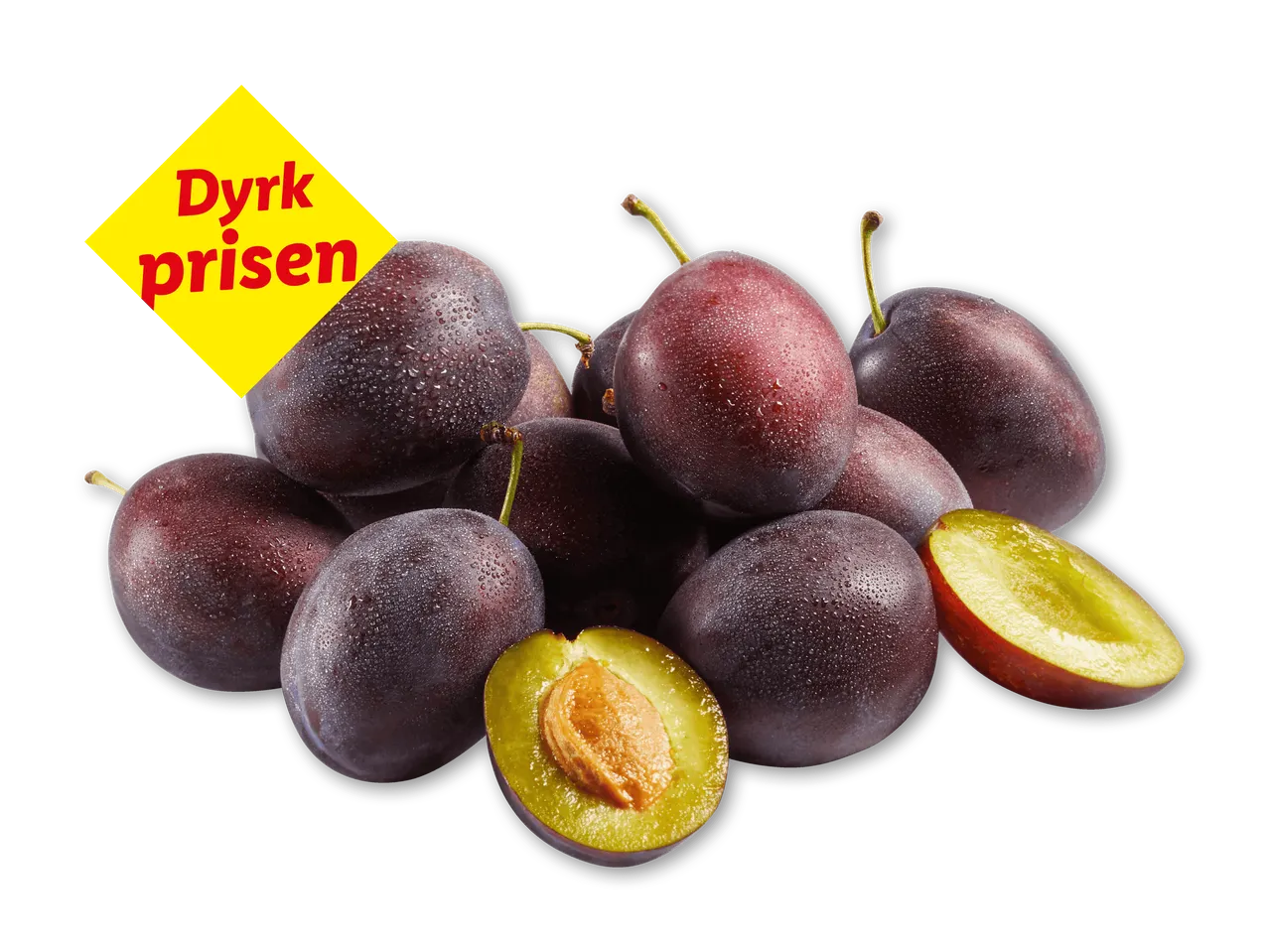 En bunke blommer med vanddråber, en skåret blomme, og en gul etiket med teksten 'Dyrk prisen'.