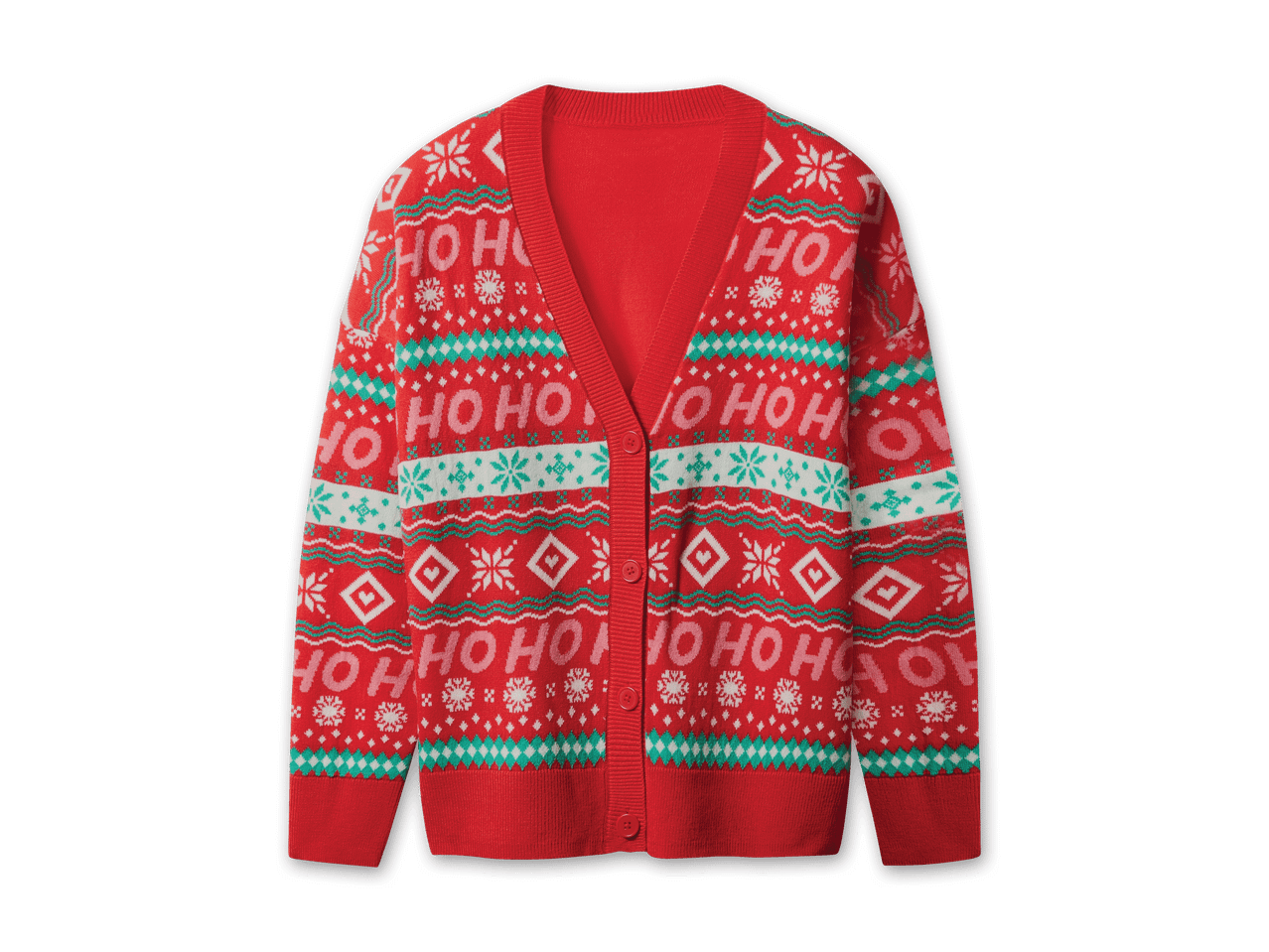 Rote Weihnachtscardigan mit „HO HO HO“-Muster und Schneeflocken
