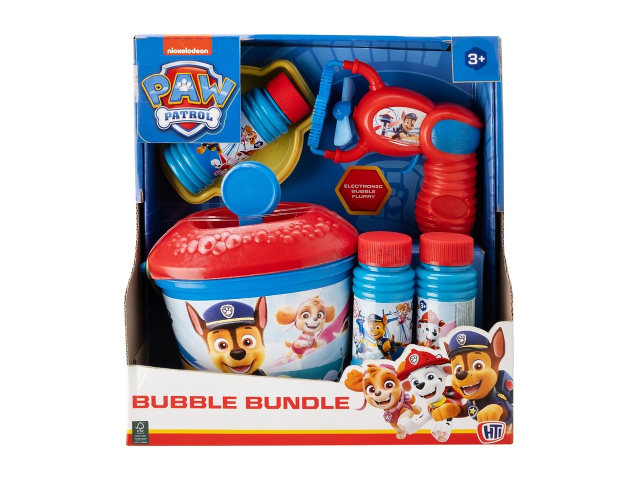 Paw Patrol bubble bundle with electronic bubble blower and bucket.