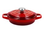 Red cast iron casserole dish with lid and silver knob