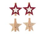 Four wooden star-shaped clothes pegs, two red with white stars, two plain wood.